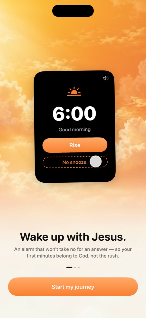 Sonrise opening: a 6:00 alarm whose snooze button reads “No snooze”, over a sunrise sky.
